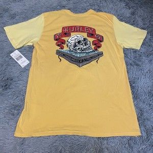 HURLEY | Men's Multi Shade Yellow 1999 Trademark Waves Skull T-Shirt | Sz MED